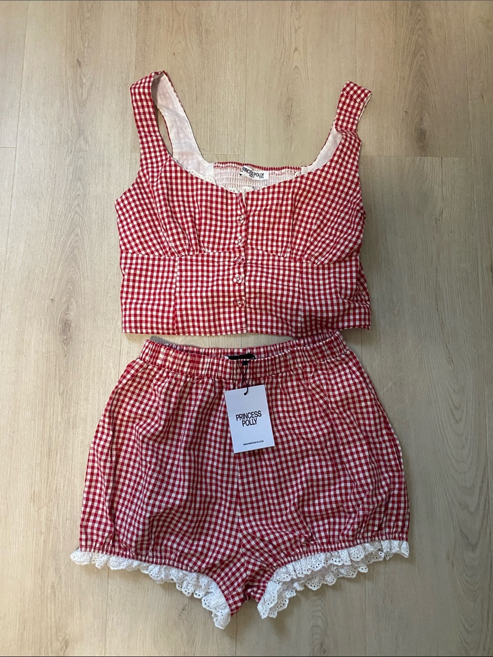 Princess Polly Red Gingham Lace-Trim Pajama Set - Cropped Tank & Shorts